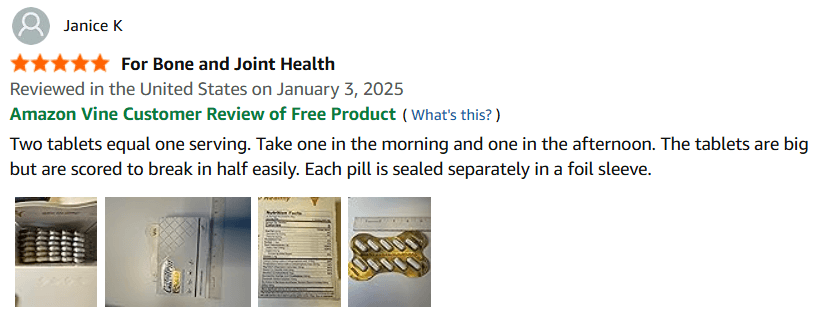 Review de Janice K - 5 estrellas - For Bone and Joint Health