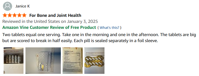 Review de Janice K - 5 estrellas - For Bone and Joint Health